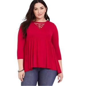 Torrid Super Soft Knits Babydoll Tunic Top Lattice Neck Womens Size 1 Red